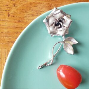 Vintage Silver Rose w Foliage Brooch